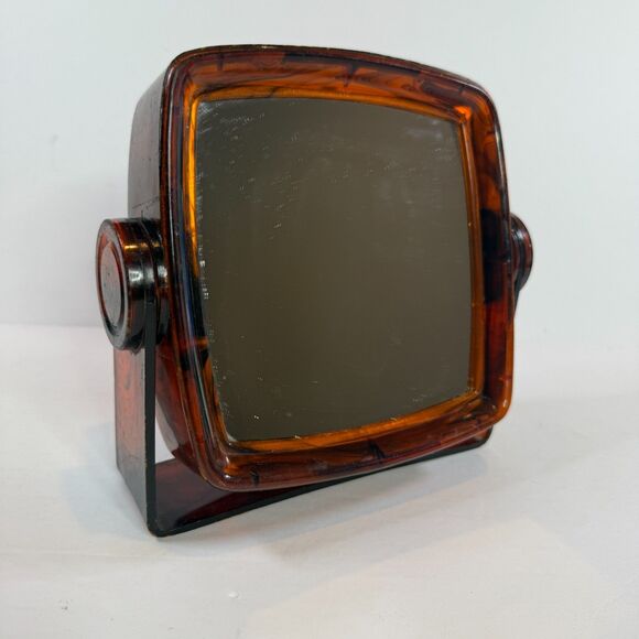 Vintage 1980s Faux Tortoiseshell Swivel Vanity Mirror Double Sided Plastic - Picture 1 of 7
